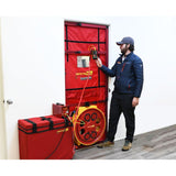 Vent Cap SystemsRetrotec, Ltd.Retrotec Blower Door | 6100 Series | Hi-PowerImage features a professional standing next to a fully assembled Retrotec 6100 Series Blower Door System, illustrating the system's user-friendly design and ease of setup, ideal for comprehensive air leakage testing.