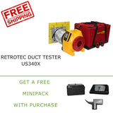 Vent Cap SystemsRetrotec, Ltd.Retrotec US340x DUCTESTER (Latest Model)In this opening image for Retrotec's Duct Tester US340x, the product is prominently labeled and placed center stage. The eye-catching 'Free Shipping' logo and 'Get a free MiniPack with purchase' text offer added incentives, designed to entice and create urgency for the potential buyer. This visual serves as a compact sales pitch, combining product details and special offers to captivate and encourage purchase.